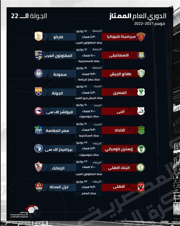 مواعيد مباريات الجولة 22 من الدوري المصري