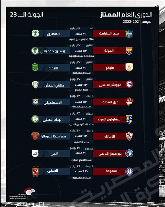 مواعيد مباريات الجولة 23 من الدوري المصري