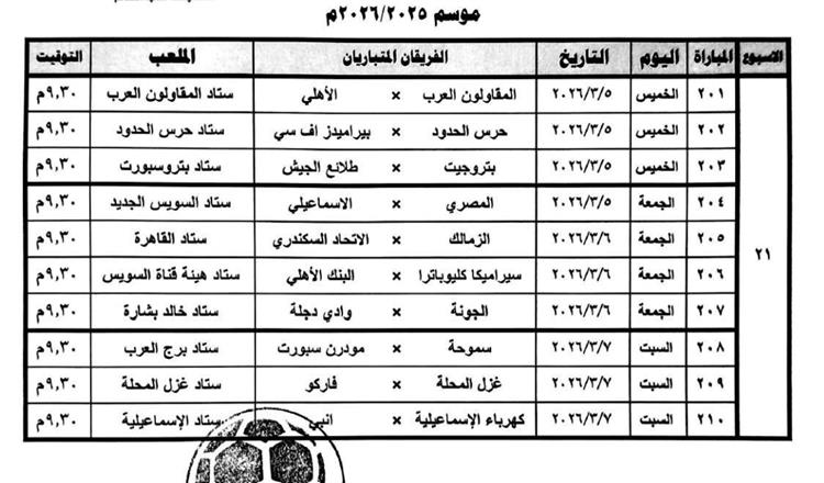 مواعيد مباريات الدوري المصري