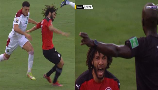 محمد النني ينفعل علي الحكم للمطالبة بانذار ثاني وطرد للاعب المغرب
