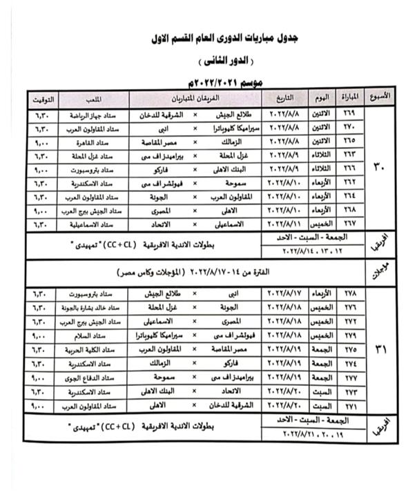 جدول مواعيد مباريات الدوري المصري