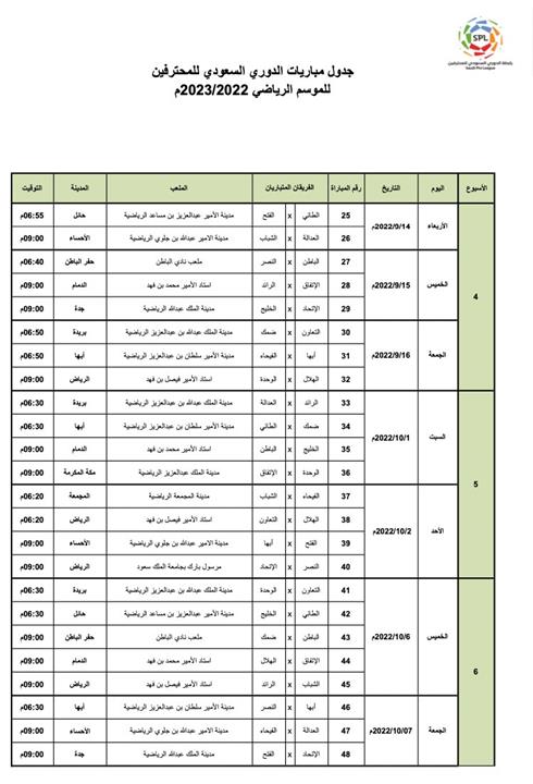 جدول مباريات الدوري السعودي