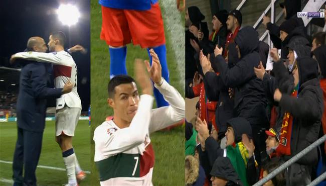 تحية كبيرة من جماهير البرتغال والمدرب لحظة خروج رونالدو في مباراة ليشتنشتاين