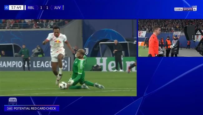 لقطة مثيرة للجدل طرد حارس يوفنتوس امام لايبزيج بدوري ابطال اوروبا