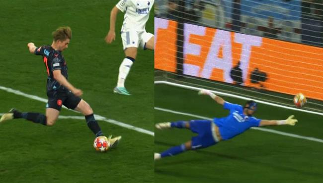 حارس كوبنهاجن يتصدي لتسديدة دي بروين الخطيرة بطريقة رائعة