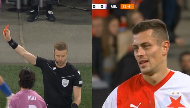 طرد توماس هوليس في مباراة ميلان وسلافيا براج بالدوري الاوروبي