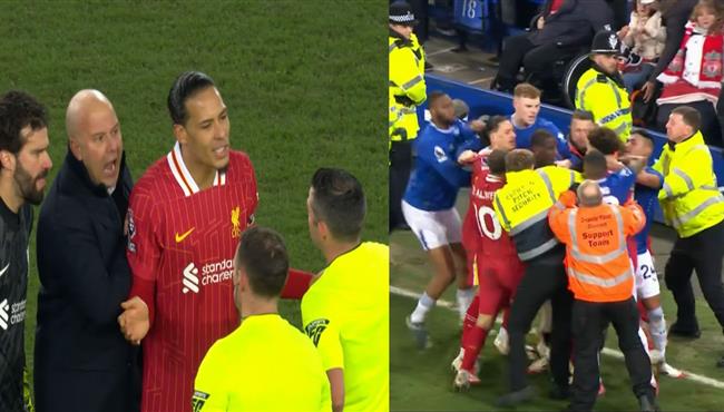 اشتباك بالأيدي بين لاعبي ليفربول وايفرتون والحكم يطرد سلوت وجونز وعبد الله دوكوري