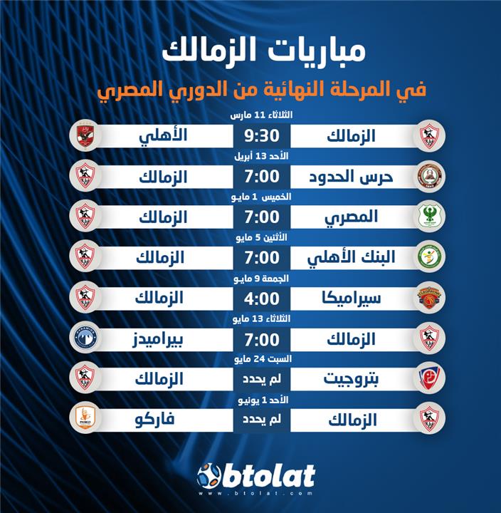 مواعيد مباريات الزمالك في الدوري المصري