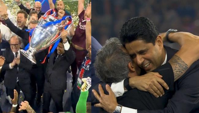 لحظة تاريخيه ناصر الخليفي يرفع دوري ابطال اوروبا وعناق حار بينه وبين لويس إنريكي