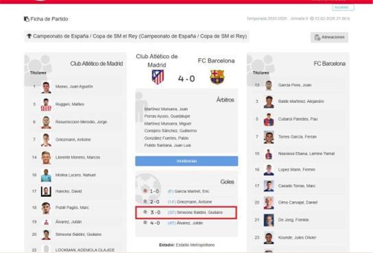 خطأ فادح في تقرير حكم مباراة برشلونة وأتلتيكو مدريد بـ كأس ملك إسبانيا