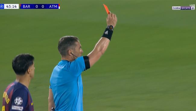 طرد كوبارسي في مباراة برشلونة واتلتيكو مدريد بدوري ابطال اوروبا