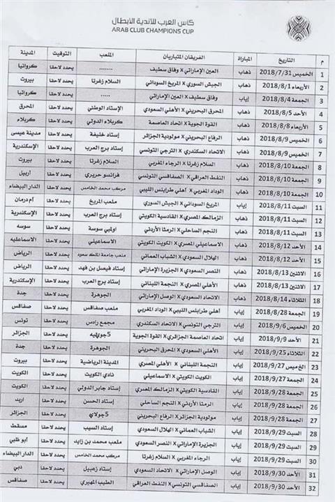 جدول مواعيد البطولة العربية
