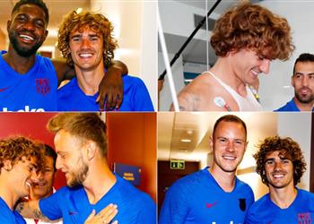 تكذيب ا لشائعات رفضهم لانضمامه بالصور والفيديو استقبال حار من لاعبي برشلونة لجريزمان