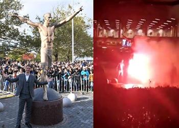 بالفيديو والصور بعدما أصبح شريك ا في ملكية هاماربي جماهير مالمو تحرق تمثال إبراهيموفيتش وتصفه بالخائن