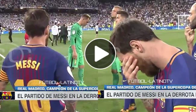 رد فعل ميسي اثناء تتويج ريال مدريد بكاس السوبر
