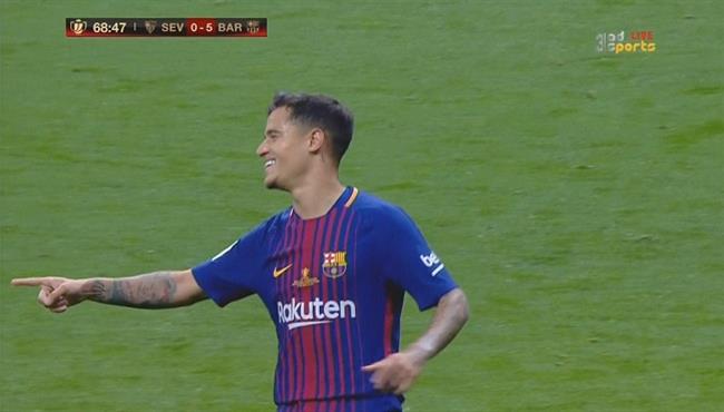 هدف برشلونة الخامس فى اشبيلية ميسى يترك ركلة الجزاء لكوتينيو