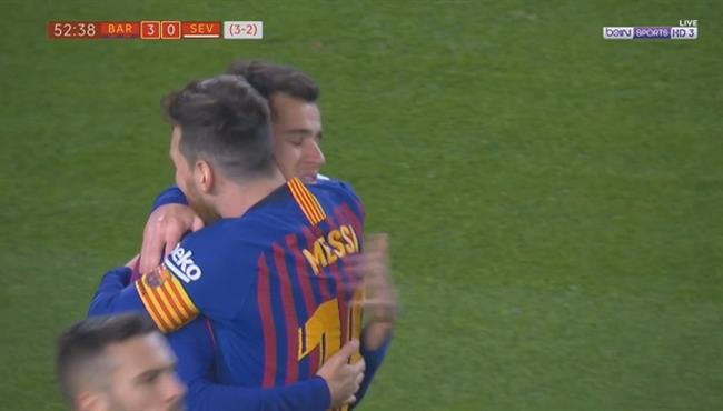 هدف برشلونة الثالث في مرمي اشبيلية كوتينيو