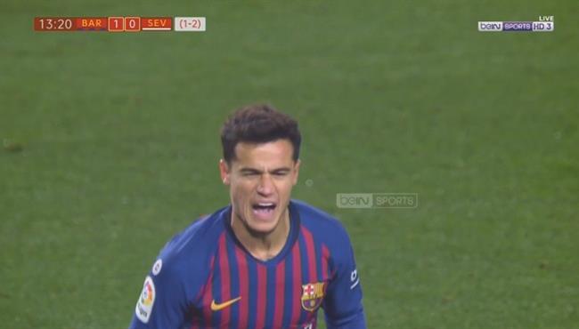 هدف برشلونة الاول في مرمي اشبيلية كوتينيو
