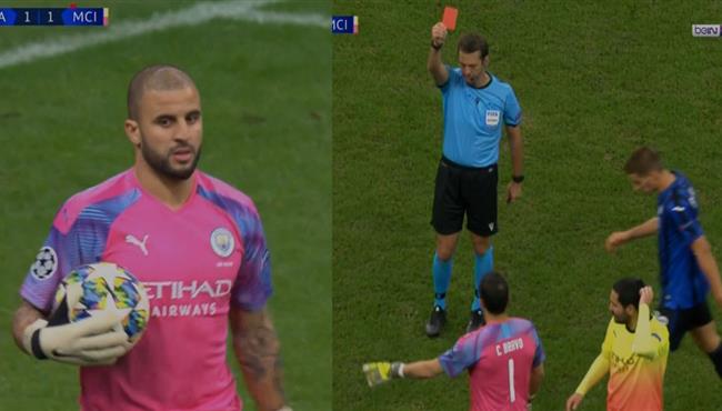 طرد برافو ووالكر يحرس مرمي مانشستر سيتي امام اتالانتا في دوري ابطال اوروبا