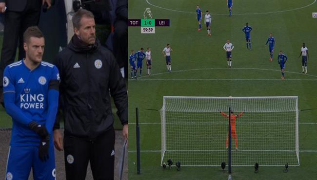 هوجو لوريس يتصدي لركلة جزاء من فاردي بعد نزوله بديلا في مباراة توتنهام وليستر سيتي