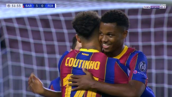 هدف كوتينيو في مرمي فيرينكفاروس بعد اسيست رائع بالكعب من انسو فاتي