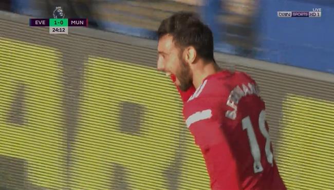 هدف برونو فيرنانديز الاول في مرمي ايفرتون بالدوري الانجليزي