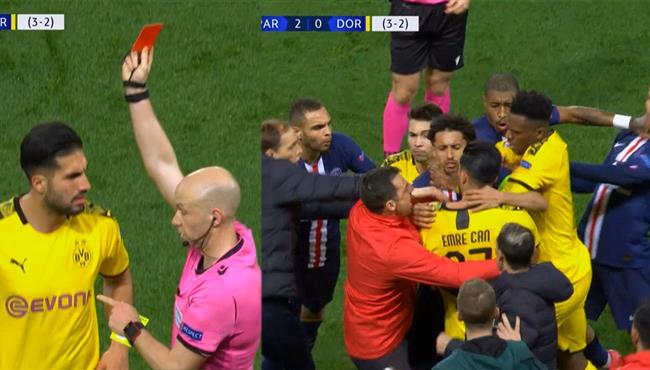 مهارة نيمار تتسبب في مشاده بين لاعبي باريس سان جيرمان ودورتموند وطرد اميري كان