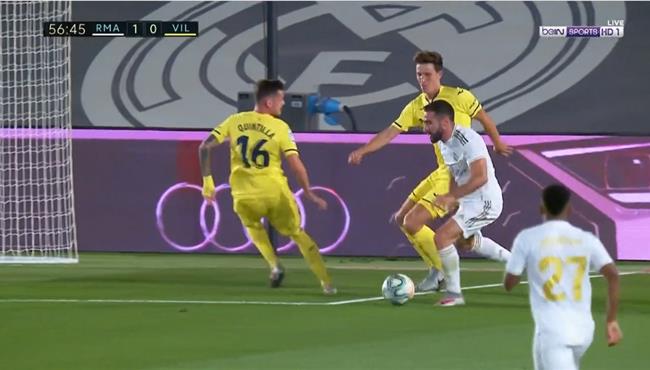 بعد مراوغه رائعة من كارفاخال لمدافع فياريال الحارس يحرمه من هدف ثاني لريال مدريد