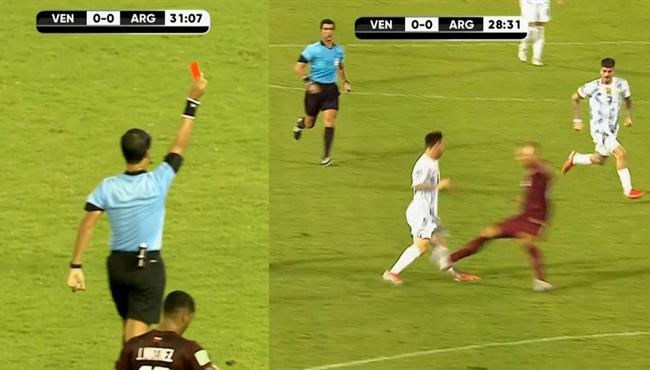 طرد لاعب فنزويلا بعد تدخل عنيف علي ميسي